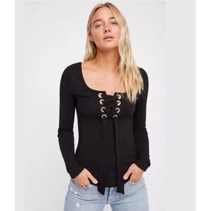 Free People Top Lace Up Grommet Square Neck S Black Women
